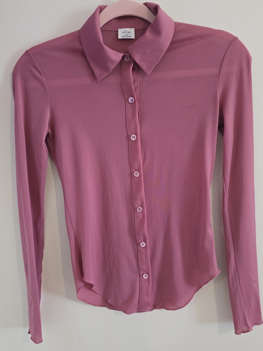 Aritzia Wilfred Sheer Crinkle Micro Rib Button Down Shirt Mauve Pink 2XS XXS